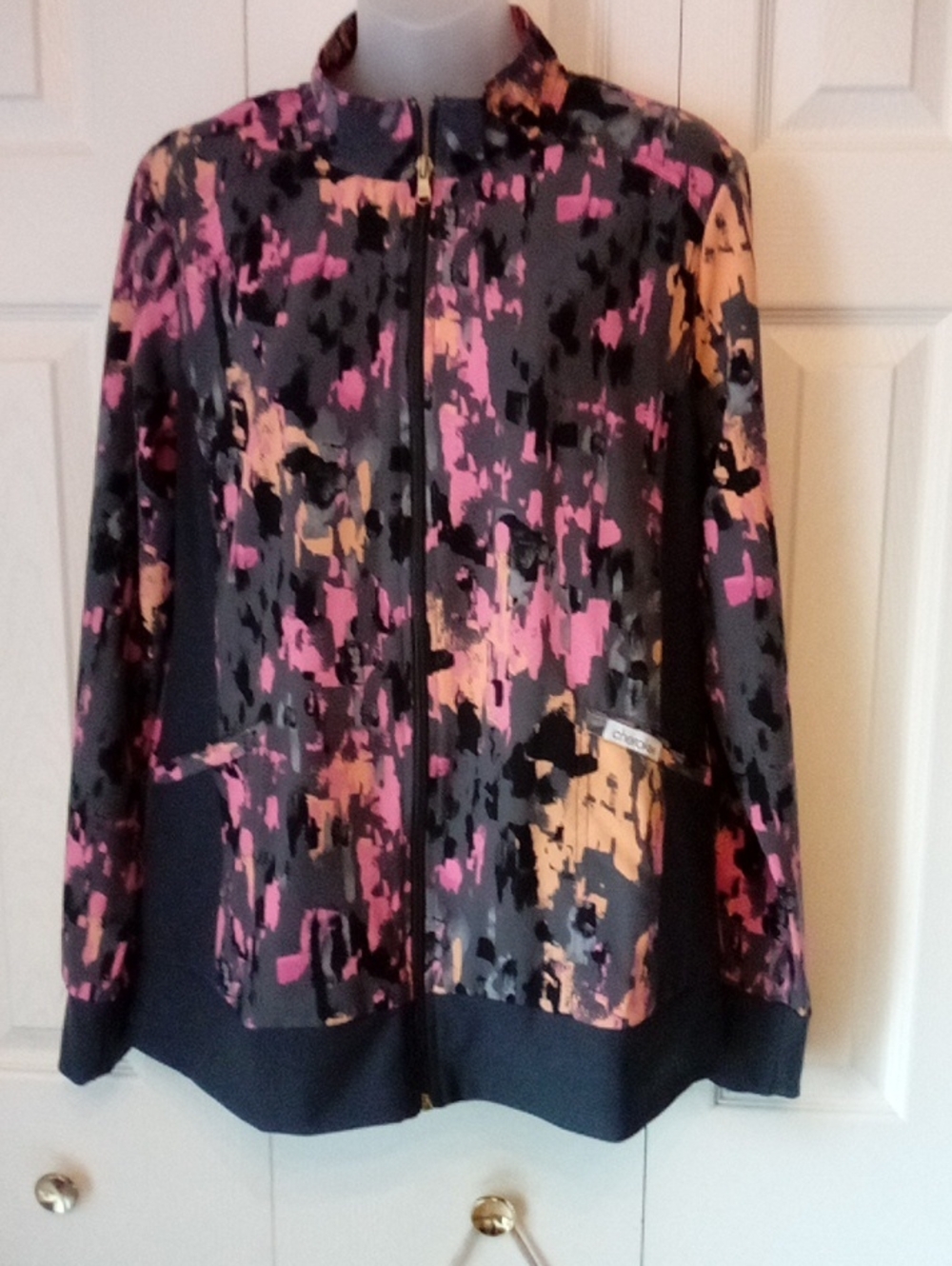 Cherokee Scrub Jacket Black with Pink and Peach Abstract Print
